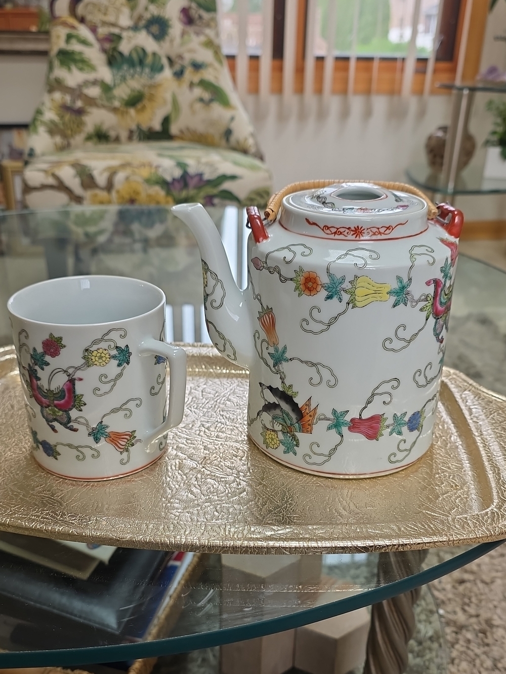 Vintage Chinese Jingdezhen Porcelain Hand Painted Teapot and Mug Set